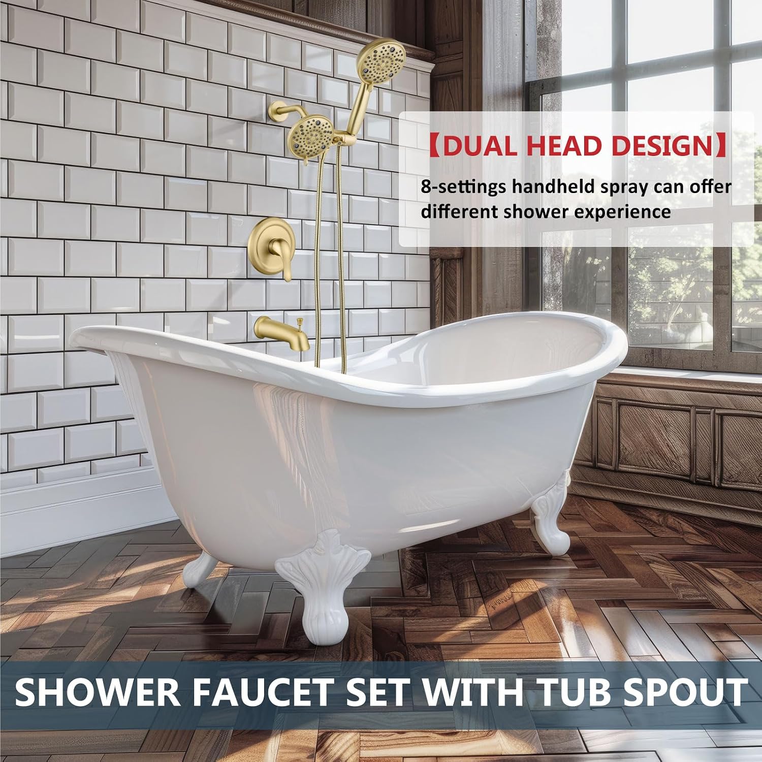 Aolemi Shower Faucet Set with Tub Spout Rain Shower Head System Shower Trim Kit Pressure Rough-in Valve Included ABS 8 Setting Dual Shower Head and Handheld Spray Brushed Gold