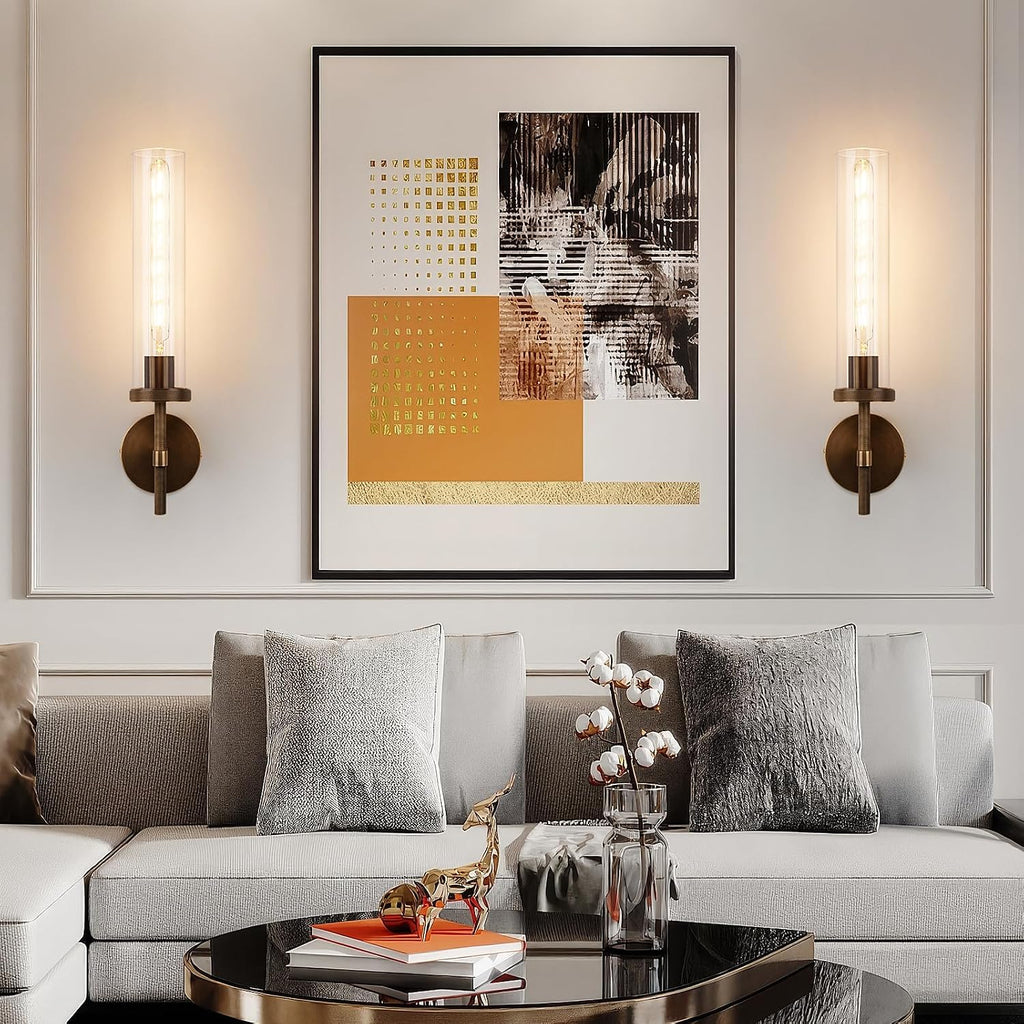 19.5' Knurled Brass Wall Sconce with Clear Glass Tube, Bronze Bathroom Vanity Light Fixtures, Modern Lamp Lighting for Bedroom, Living Room, Hallway, Staircase, Mirror, Kitchen
