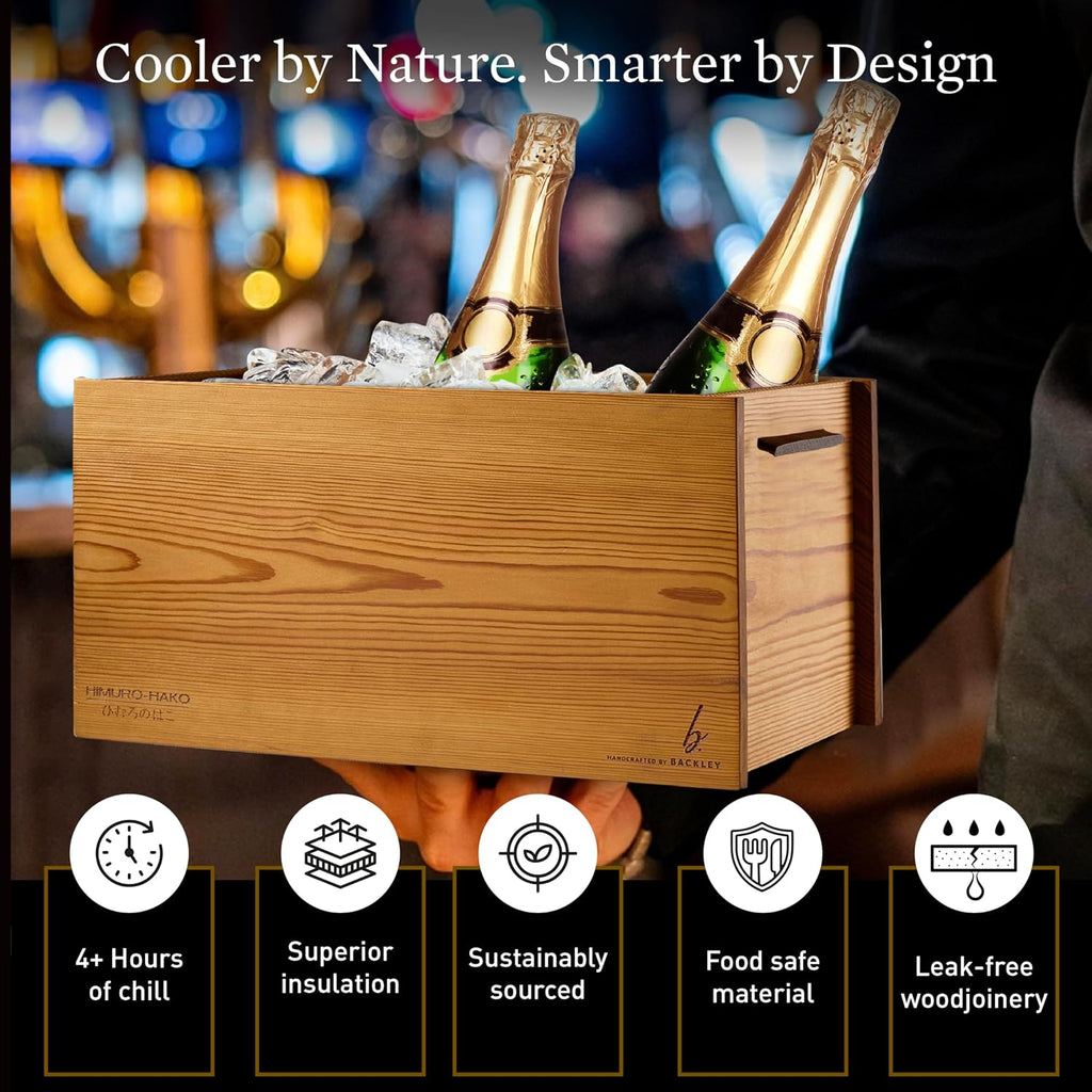 Wooden Ice Bucket for Parties – Insulated Beer & Champagne Cooler, No Condensation – Handcrafted Drink Bucket & Wine Chiller, Hosting Essentials, Mimosa Bar Supplies (Himuro 3-in-1)