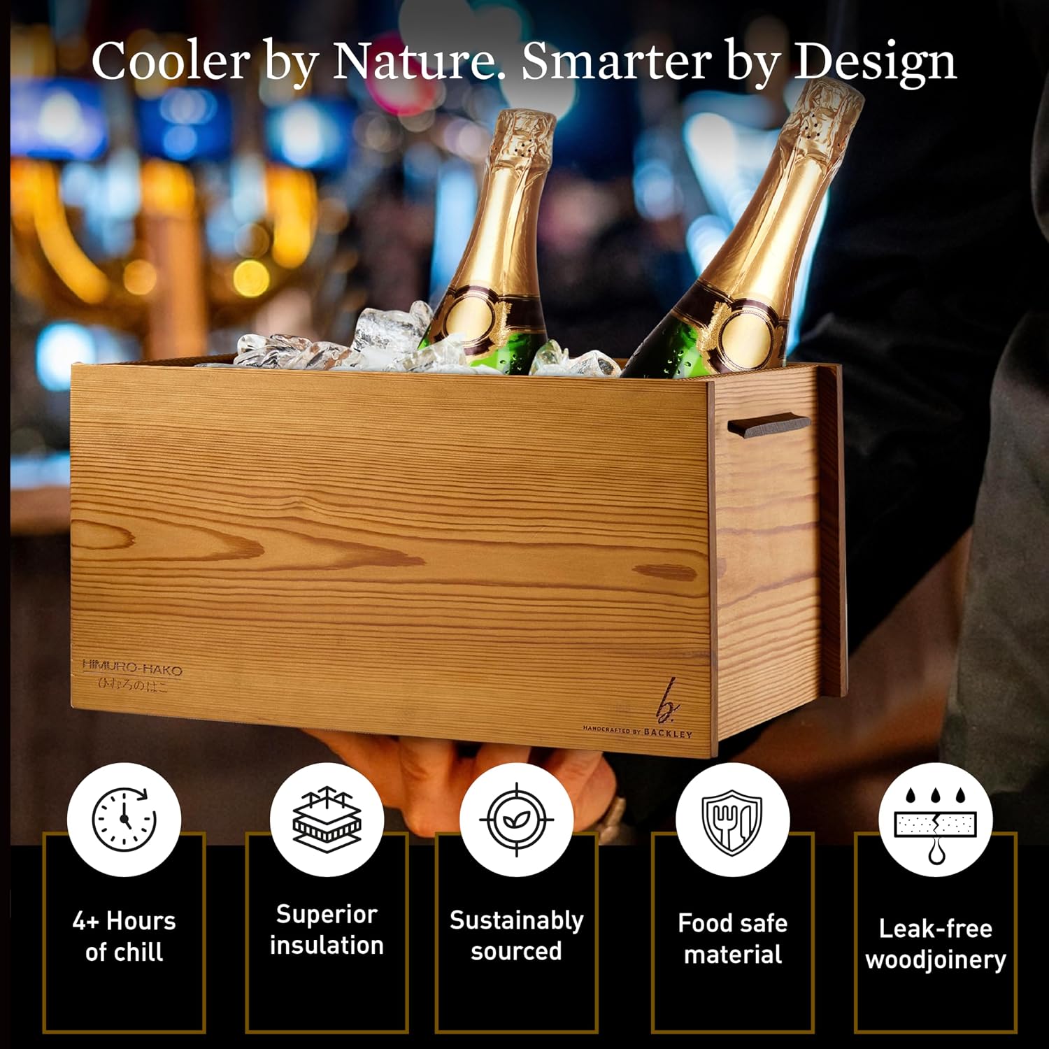Wooden Ice Bucket for Parties – Insulated Beer & Champagne Cooler, No Condensation – Handcrafted Drink Bucket & Wine Chiller, Hosting Essentials, Mimosa Bar Supplies (Himuro 3-in-1)
