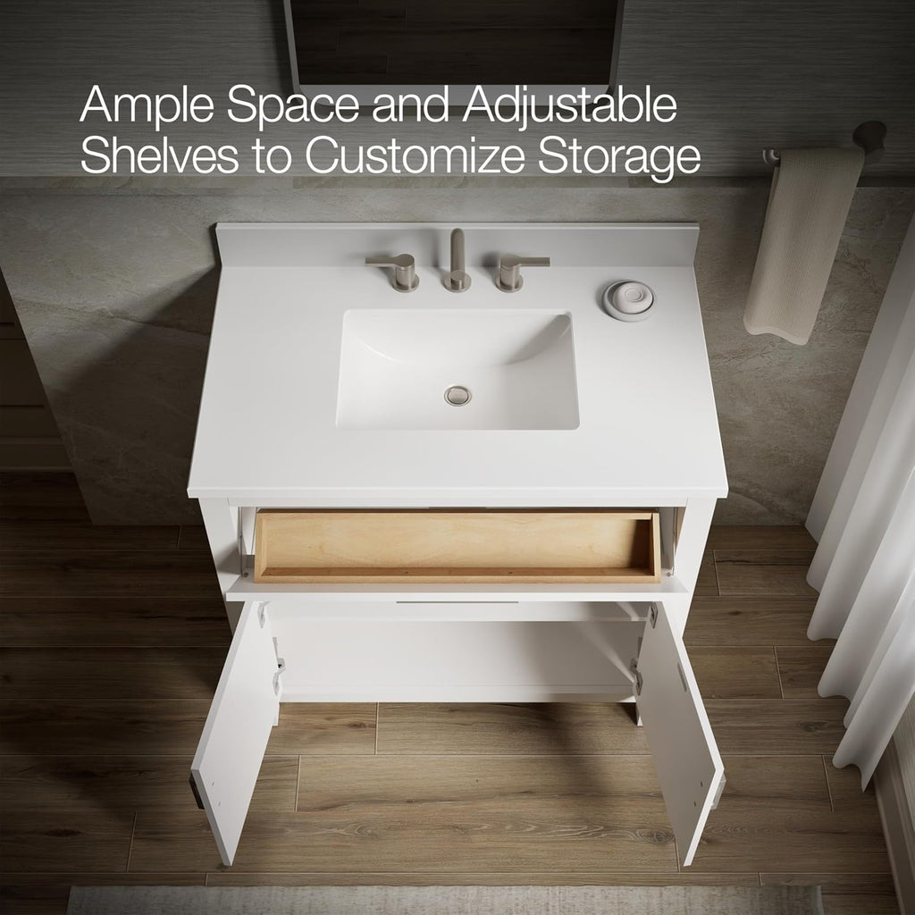 Kohler Kresla 36 Inch Bathroom Vanity Cabinet with White Single Sink and Quartz Top, Modern Bathroom Storage, White
