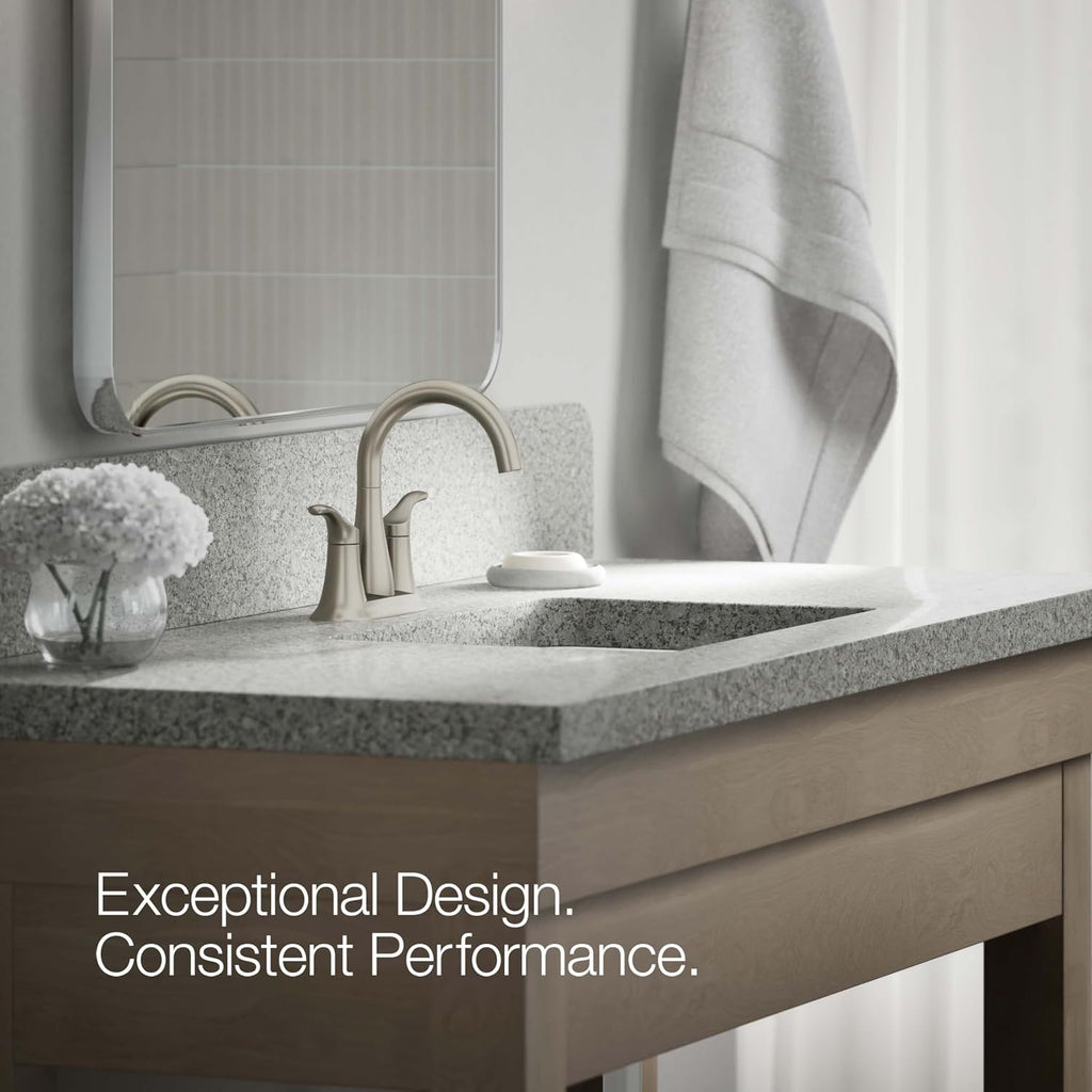 KOHLER K-27388-4N-BN Simplice® Centerset Bathroom Sink Faucet, Bathroom Faucets with Two Lever Handles and Clicker Drain, 0.5 GPM, Vibrant Brushed Nickel