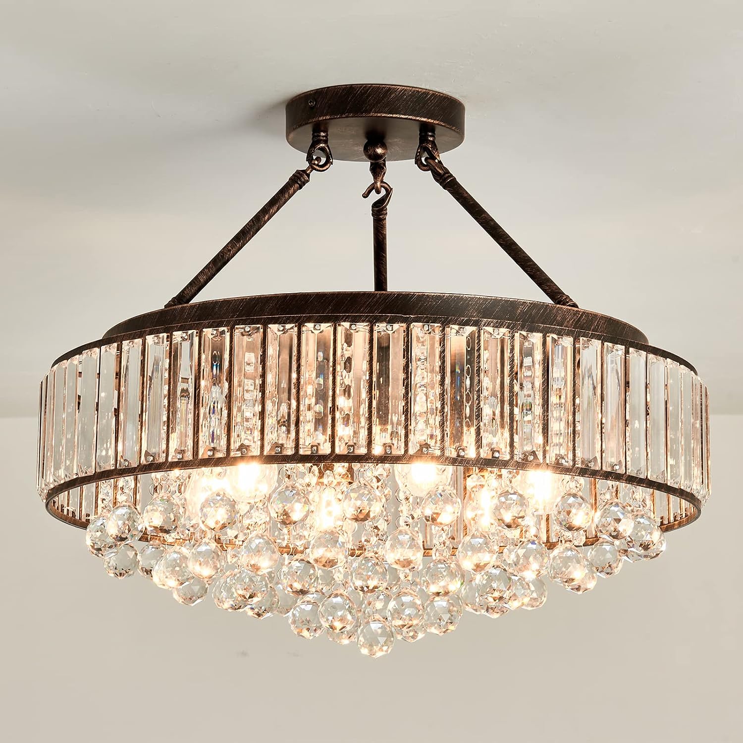 YYJLX 6 Light Modern Crystal Oil Rubbed Bronze Metal Semi Flush Mount Ceiling Light Fixture E26 Indoor Round Ceiling Lamp for Dining, Living, Foyer, Kitchen, Bedroom