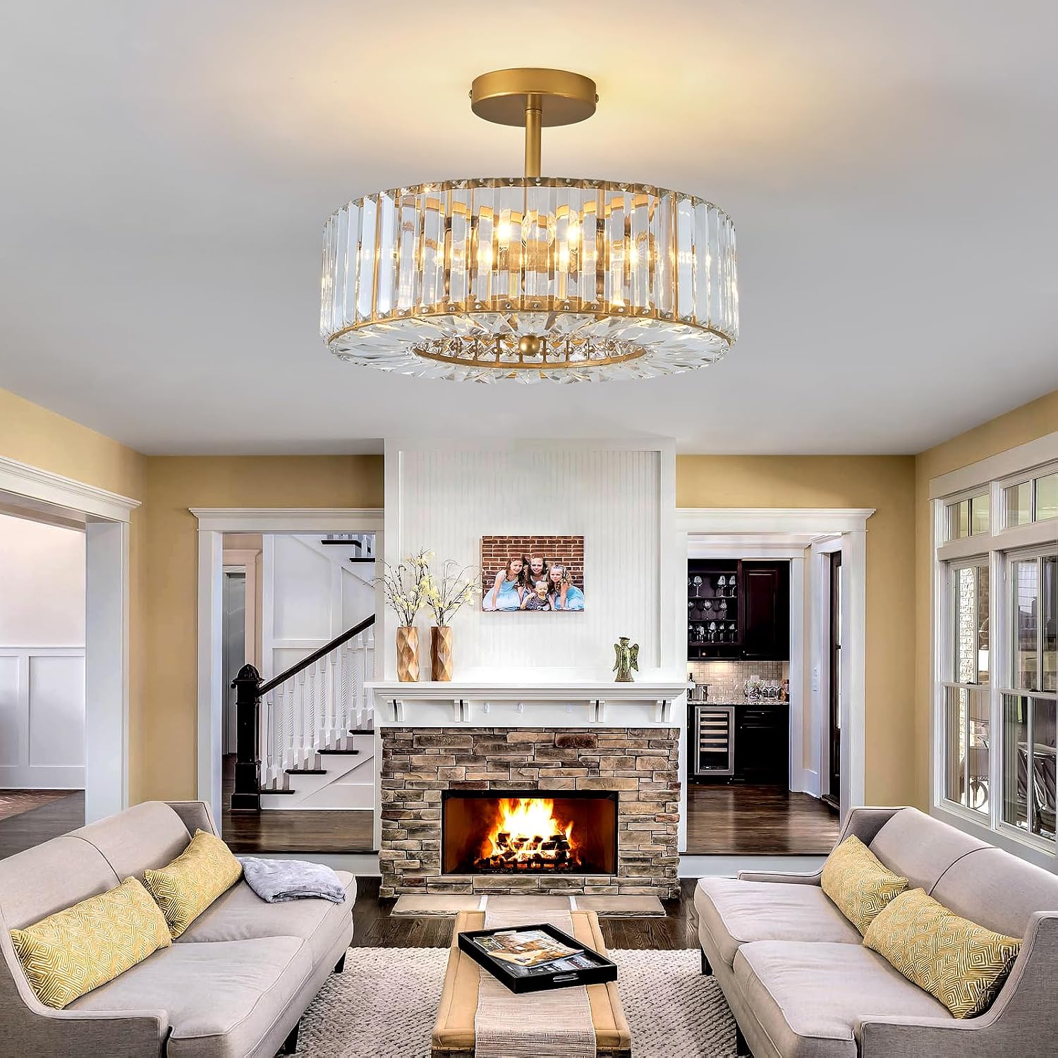 Piepooye 4 Lights Modern Crystal Chandelier Gold Round Semi Flush Mount Ceiling Light Fixture Farmhouse Chandelier for Dining Room Living Room Bedroom Hallway Entryway Kitchen