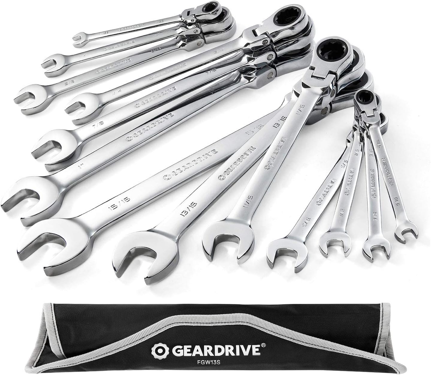 Flex-Head Ratcheting Combination Wrench Set, SAE, 13-piece, 5/16'' to 1'', Chrome Vanadium Steel Construction with Rolling Pouch