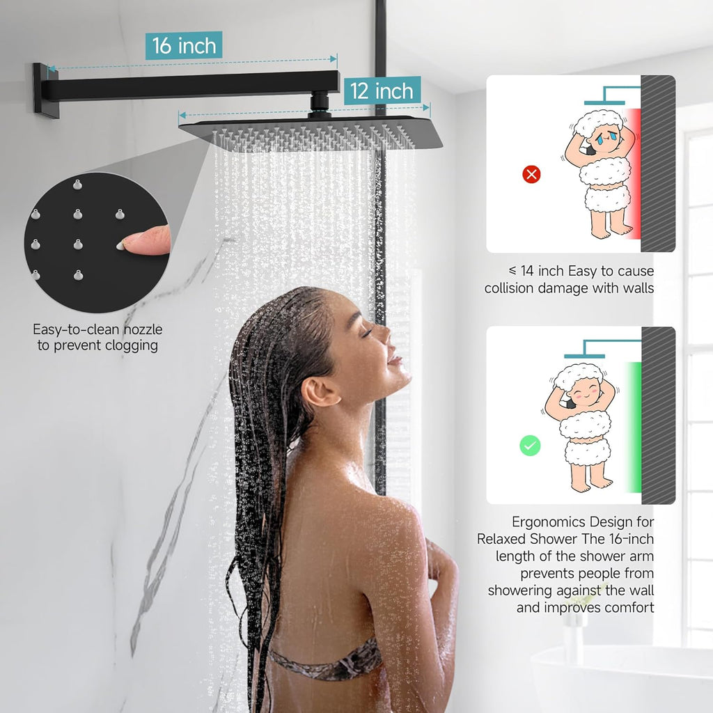 SR SUN RISE Shower Faucet Set & System - 12 Inch Rainfall Shower Head & Handle Set Wall Mounted Matte Black Solid Brass Valve Trim Kit Included