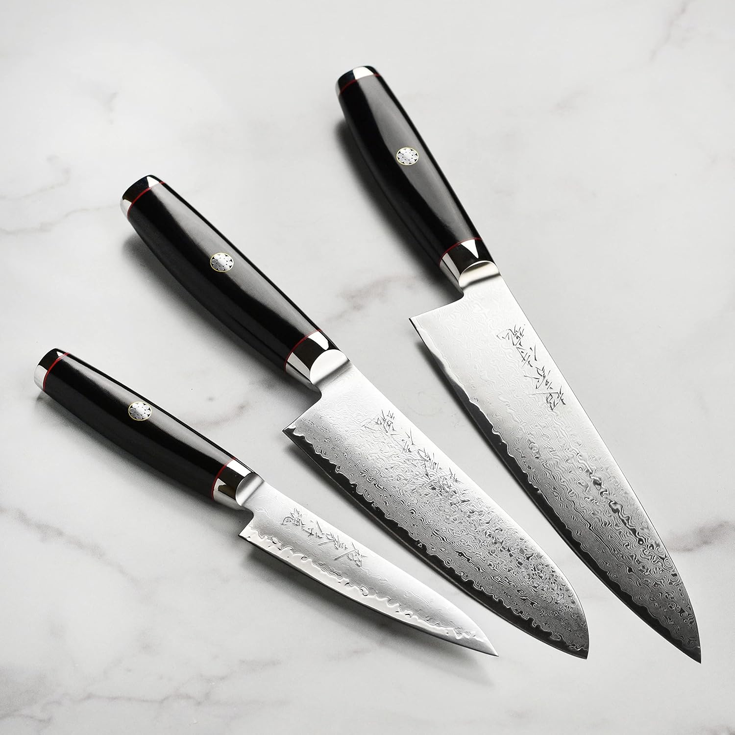 Yaxell Ypsilon SG2 Knife Set, 3 Piece with Katana Stand - 193 Layer Stainless Damascus