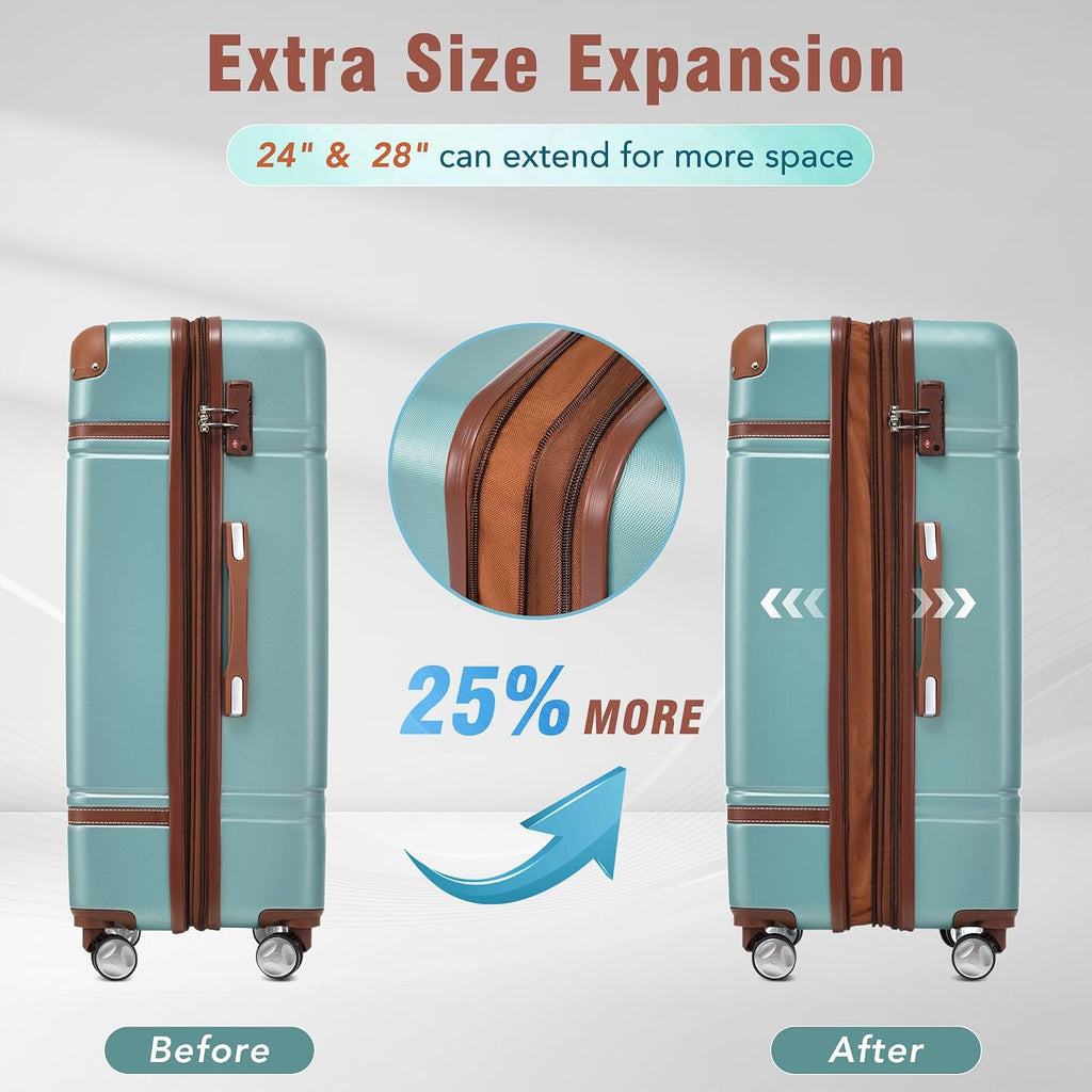 Merax Luggage Set 3 Piece Suitcase Set with 1 Cosmetic Case Expandable Spinner Wheels Vintage Luggage Sets(Blue Green,20'+24'+28')