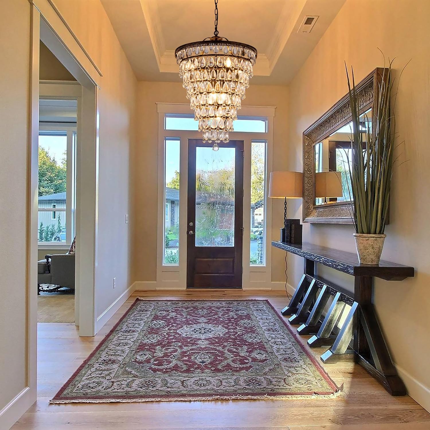 Wellmet 20 Inch Crystal Chandelier, Farmhouse Bronze Bathroom Chandeliers, 8-Lights Foyer Lighting Round Hanging Ceiling Light Fixture for Living Room, Bedroom, Entryway, Kitchen Island, Cone Shape