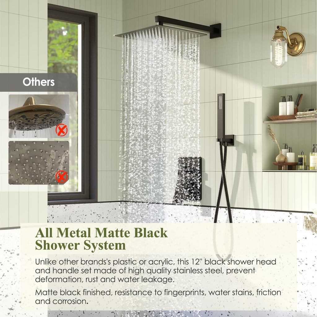 Kurpot Shower System, Matte Black Shower Faucet Set, 12 Inch Rain Shower Head with Handheld Spray, High Pressure Shower Head System with Shower Valve and Trim Kit, Wall Mounted Shower Head Set