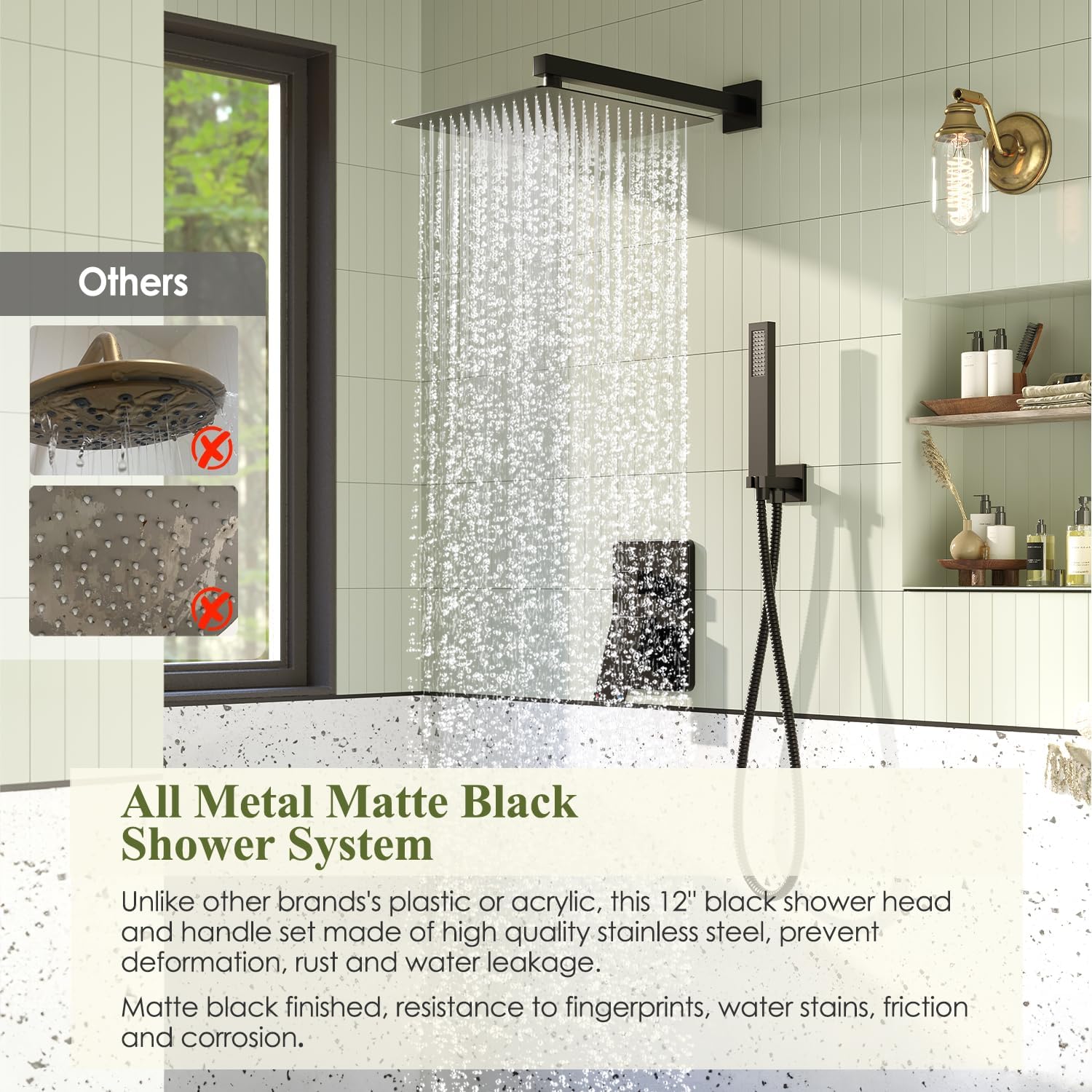 Kurpot Shower System, Matte Black Shower Faucet Set, 12 Inch Rain Shower Head with Handheld Spray, High Pressure Shower Head System with Shower Valve and Trim Kit, Wall Mounted Shower Head Set