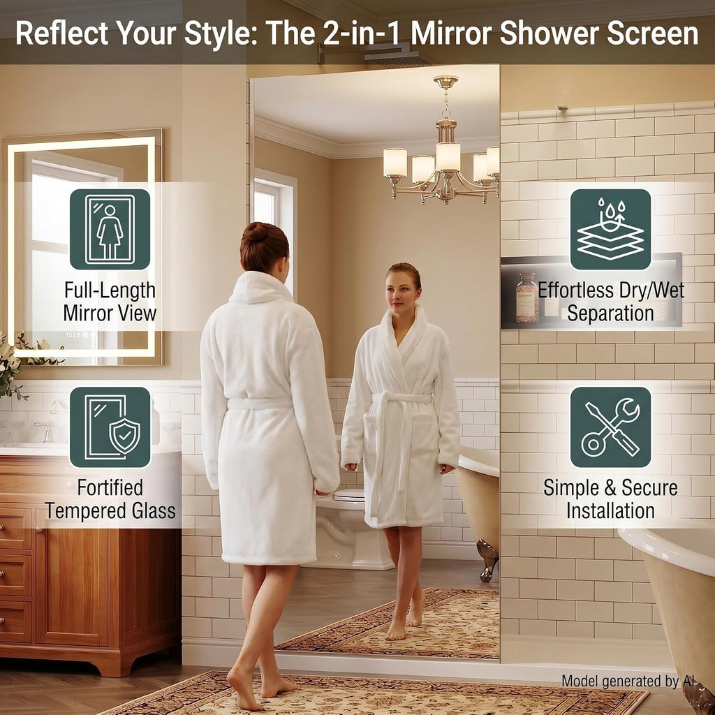 36' W x76 H Frameless Shower Glass Panel w/Full Length Mirror, 3/8',Chrome | Fixed Shower Screen; 10mm Tempered Glass; Nano Coating;Aluminum Alloy Material