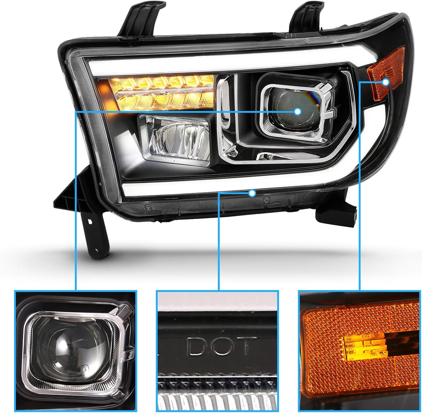 AmeriLite Replacement for 2007-2013 Toyota Tundra | 2008-2017 Sequoia Quad Projector w/High Power LED Tube & Signal Set - Passenger and Driver Side