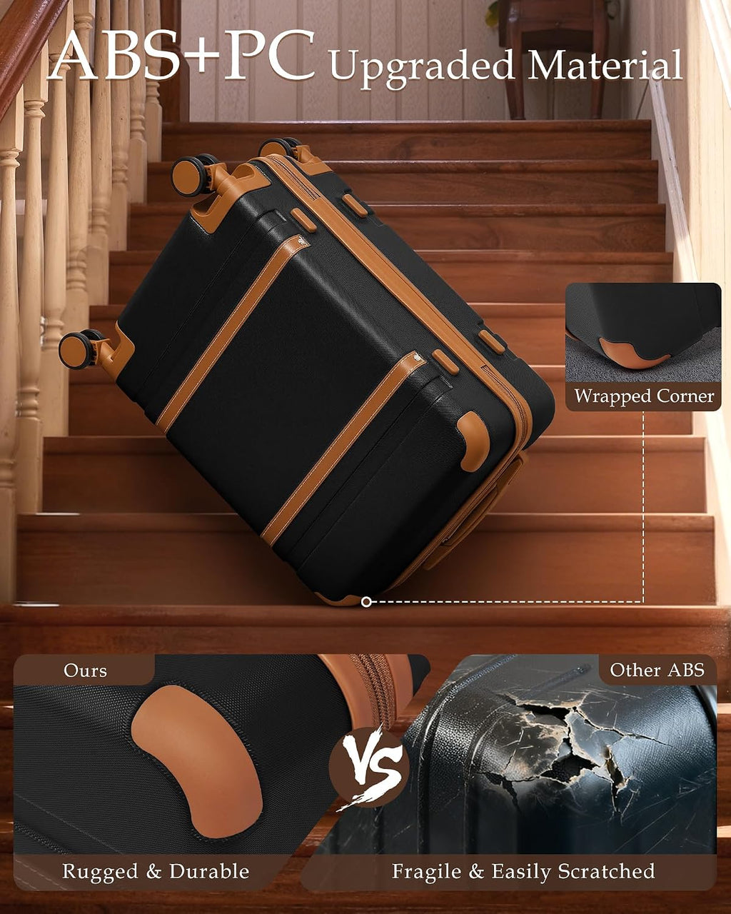 LONG VACATION Luggage Sets 5 Piece, Suitcases With Wheels, PC+ABS Hardshell Luggage Set with Spinner Wheels, TSA Lock (Black Brown)
