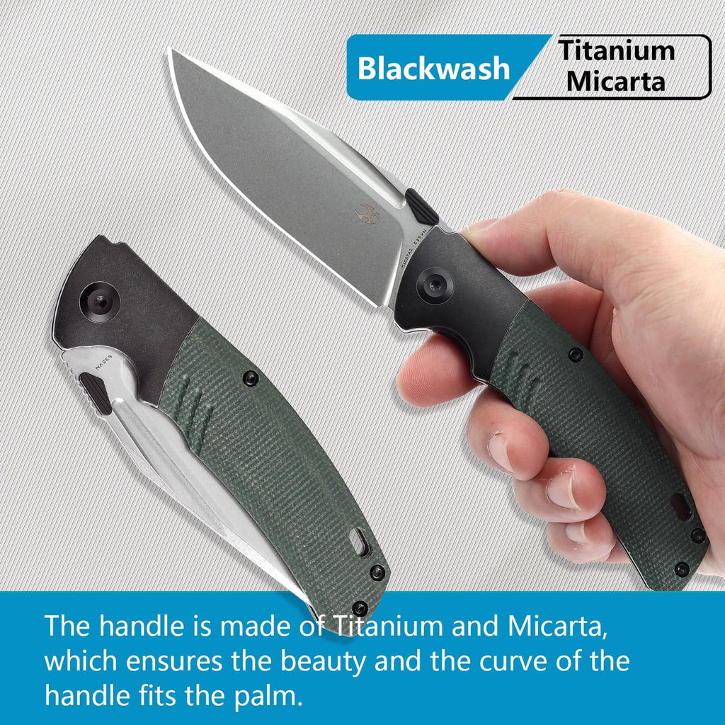 KANSEPT Hinterland Pocket Folding Knives for Men EDC Camping Folding Knife 3.58'' Stonewashed CPM S35VN Blade Pocket Knife with Blackwash Titanium Green Micarta Inlay Handle Everyday Carry K1057A2