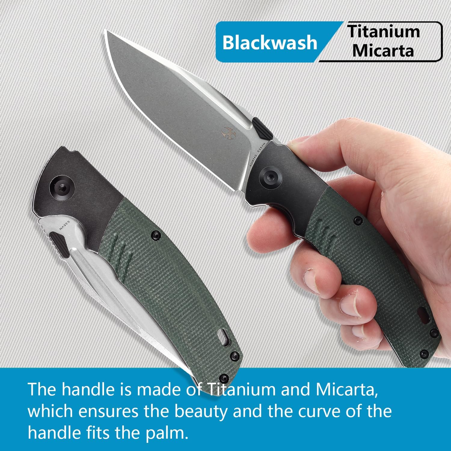 KANSEPT Hinterland Pocket Folding Knives for Men EDC Camping Folding Knife 3.58'' Stonewashed CPM S35VN Blade Pocket Knife with Blackwash Titanium Green Micarta Inlay Handle Everyday Carry K1057A2