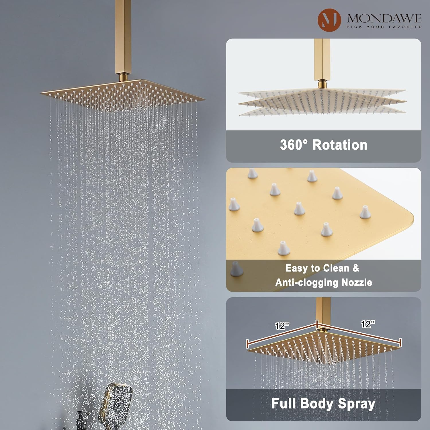 MONDAWE Shower System with Body Jets, 12 Inch Thermostatic Rain Shower System Ceiling Mount, Full Body Spray Shower Jets System with a Shelf, Towel Hooks - Brushed Gold