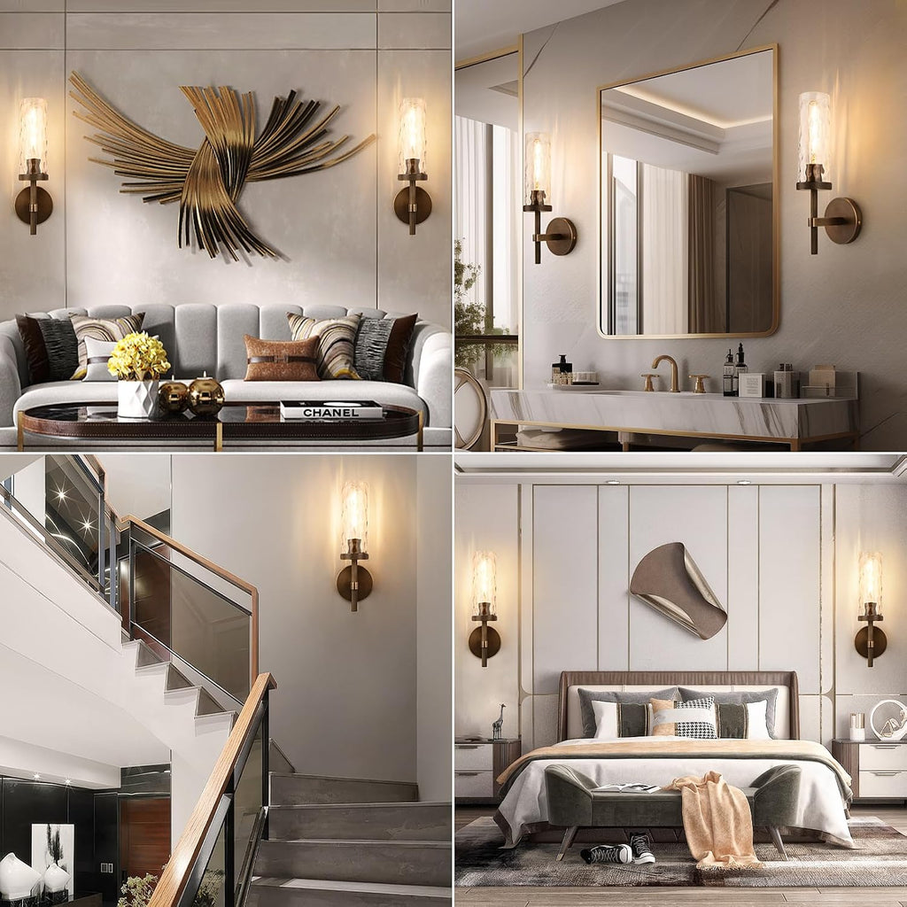 15' Knurled Brass Wall Sconce with Water Ripples Glass Tube, Bronze Bathroom Vanity Light Fixtures, Modern Lamp Lighting for Bedroom, Living Room, Hallway, Staircase, Mirror, Kitchen