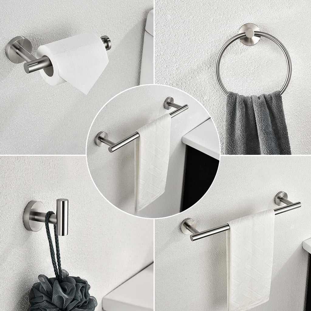 6-Pieces Bathroom Hardware Set SUS304 Stainless Steel Round Wall Mounted Includes Hand Towel Bar,Toilet Paper Holder,Robe Towel Hooks,Bathroom Accessories Kit On-Site (Brushed Nickel)