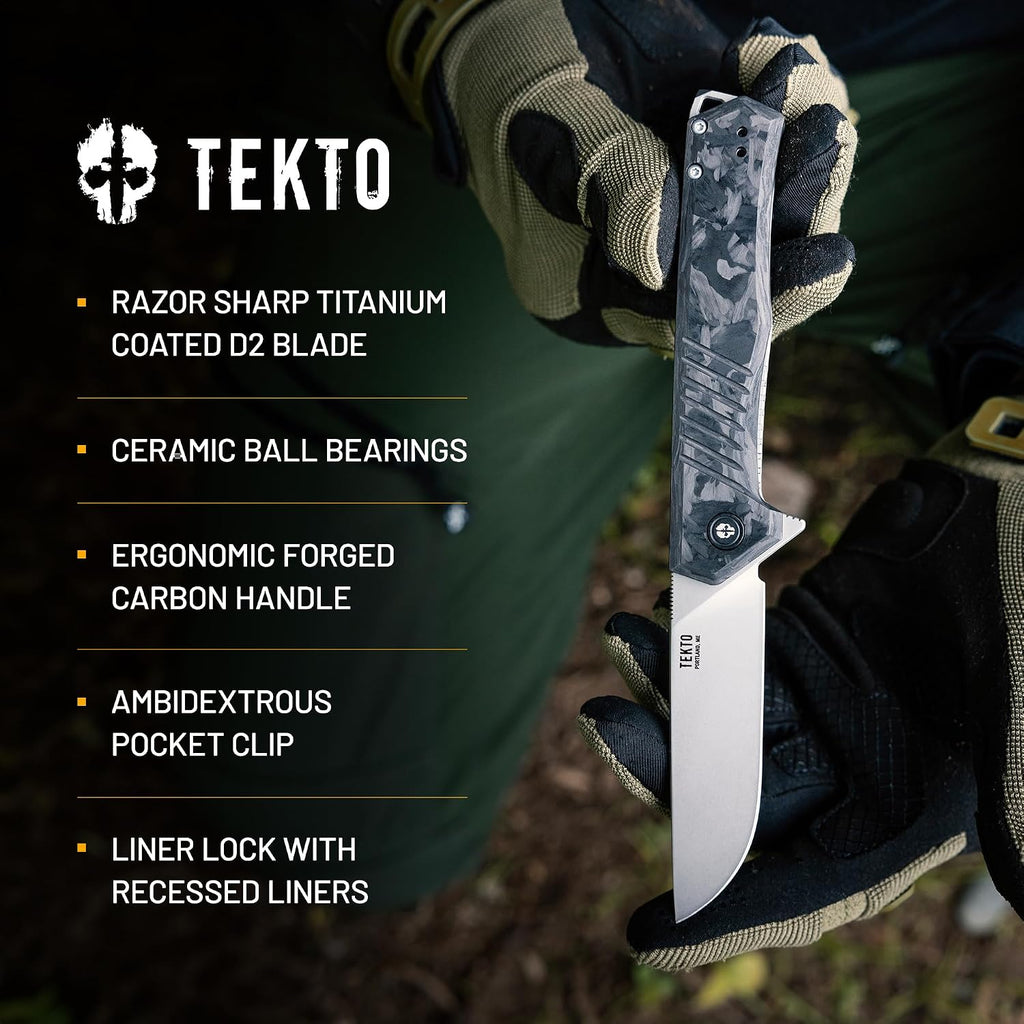TEKTO F1 Alpha Folding Pocket Knife - Modified Straight Back Blade, Titanium Coated D2 Steel, Tactical Knife, EDC Folding Pocket Knives for Camping & Hunting - Forged Carbon, Silver Titanium Accents