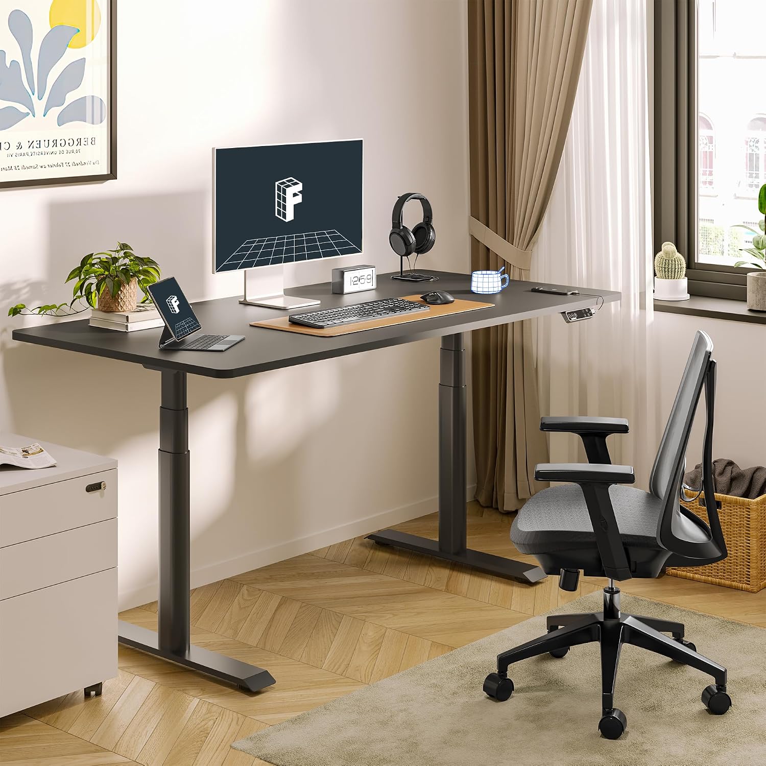 FLEXISPOT E6 Pro Large 60' x 24' Dual Motor Electric Standing Desk, Organic Modern Oval Leg Design, 3-Stage Height Adjustable Sit Stand Desk with Heavy Duty 330lbs, Black Desktop, Black Frame