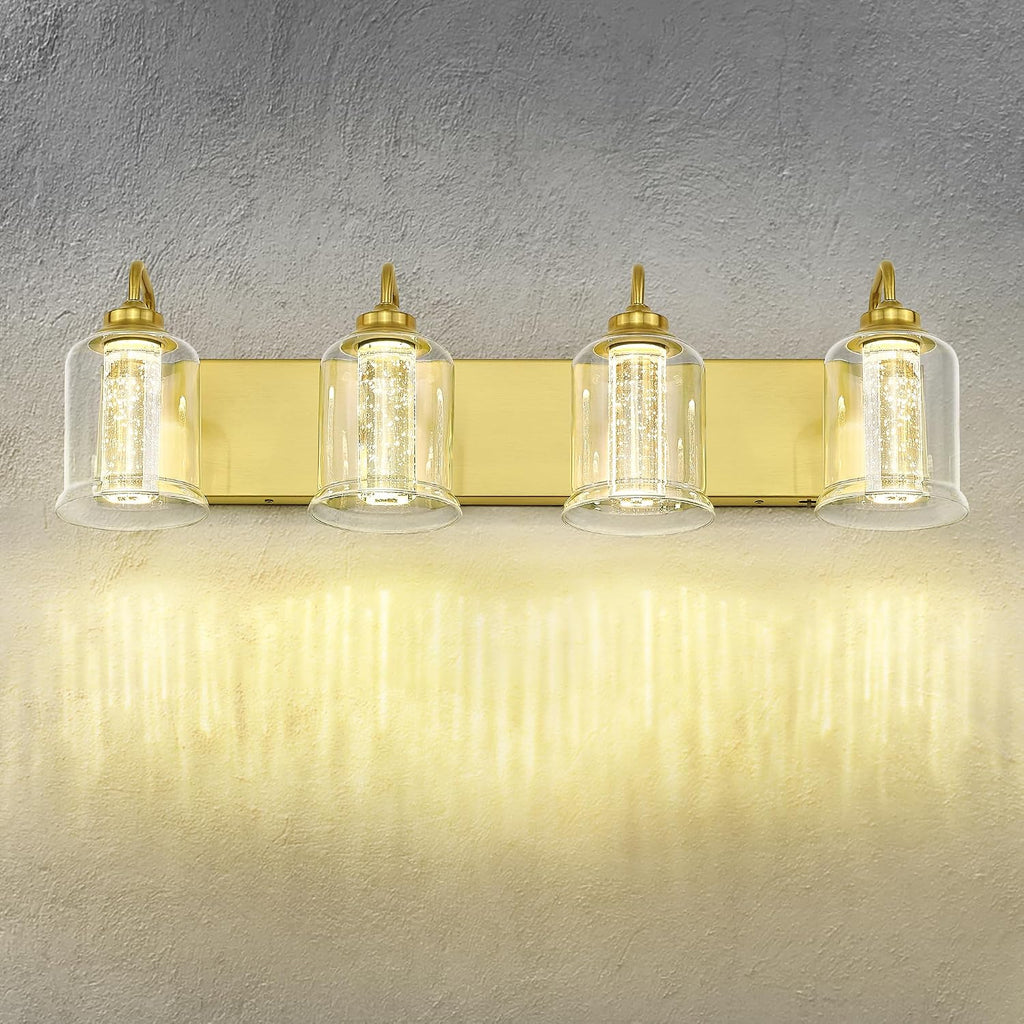 zeyu 24W Dimmable Gold Bathroom Vanity Light, 4-Light Gold Bathroom Light Fixture with 5 Color Modes, Brushed Gold Finish with Crystal Bubble and Clear Glass, ZSL72B-4W LED BG