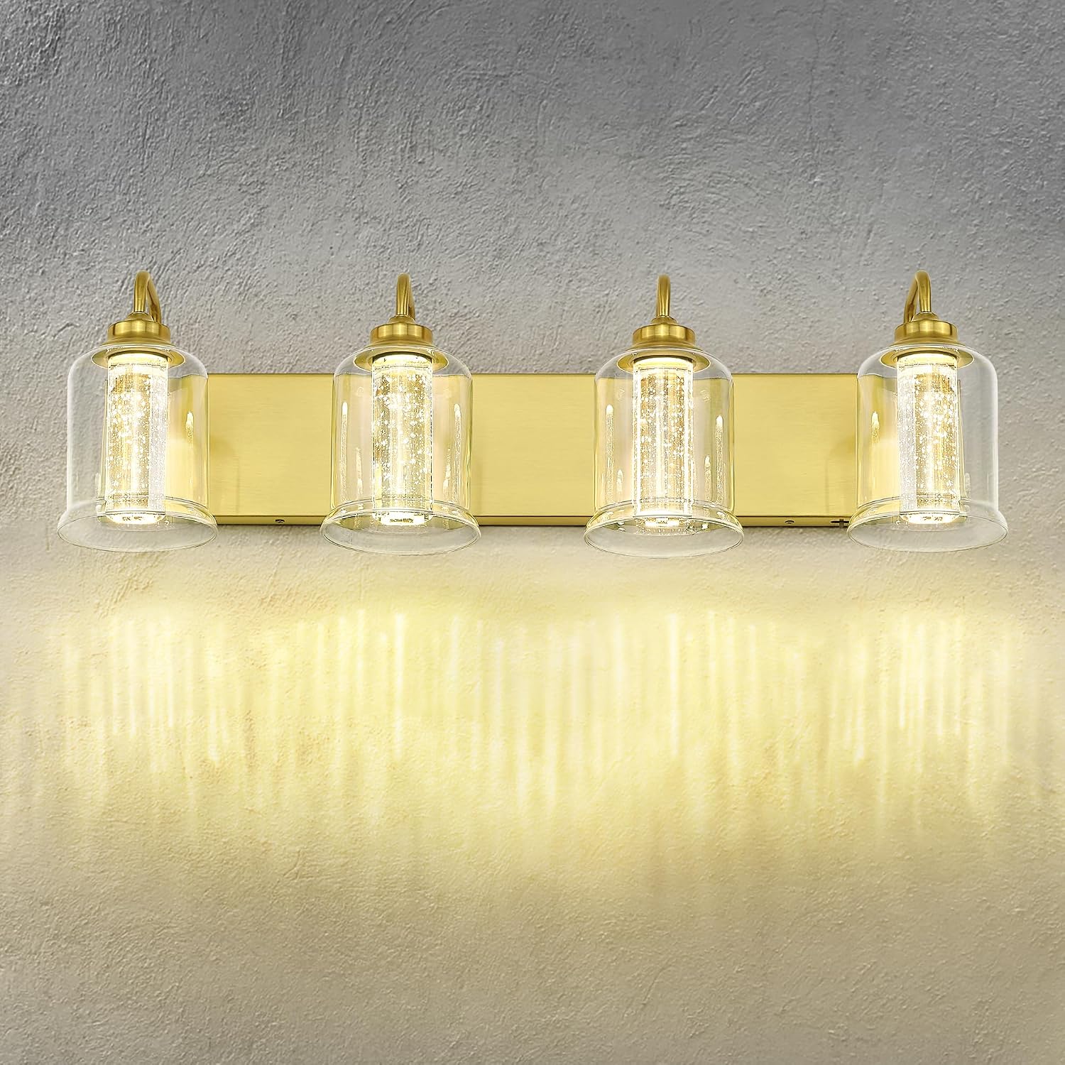zeyu 24W Dimmable Gold Bathroom Vanity Light, 4-Light Gold Bathroom Light Fixture with 5 Color Modes, Brushed Gold Finish with Crystal Bubble and Clear Glass, ZSL72B-4W LED BG