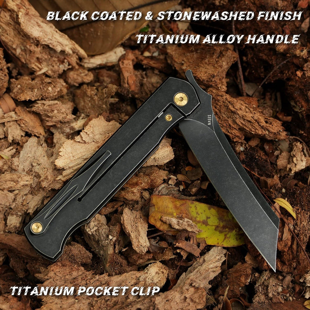 KATSU Camping Pocket Folding Japanese Knife, CPM S35VN Blade, Black Stonewashed Titanium Handle With Mars Valley Fat Carbon Fiber Inlay