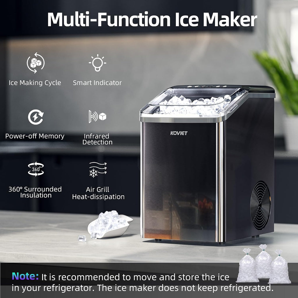 KOVIET Nugget Ice Makers Countertop, Soft Pebble Ice Machine, Chewable Crushed Pellet Ice 42lbs/Day, Self-Cleaning Drainpipe Ice Maker for Party, Home, Kitchen, Bar, Office, Black