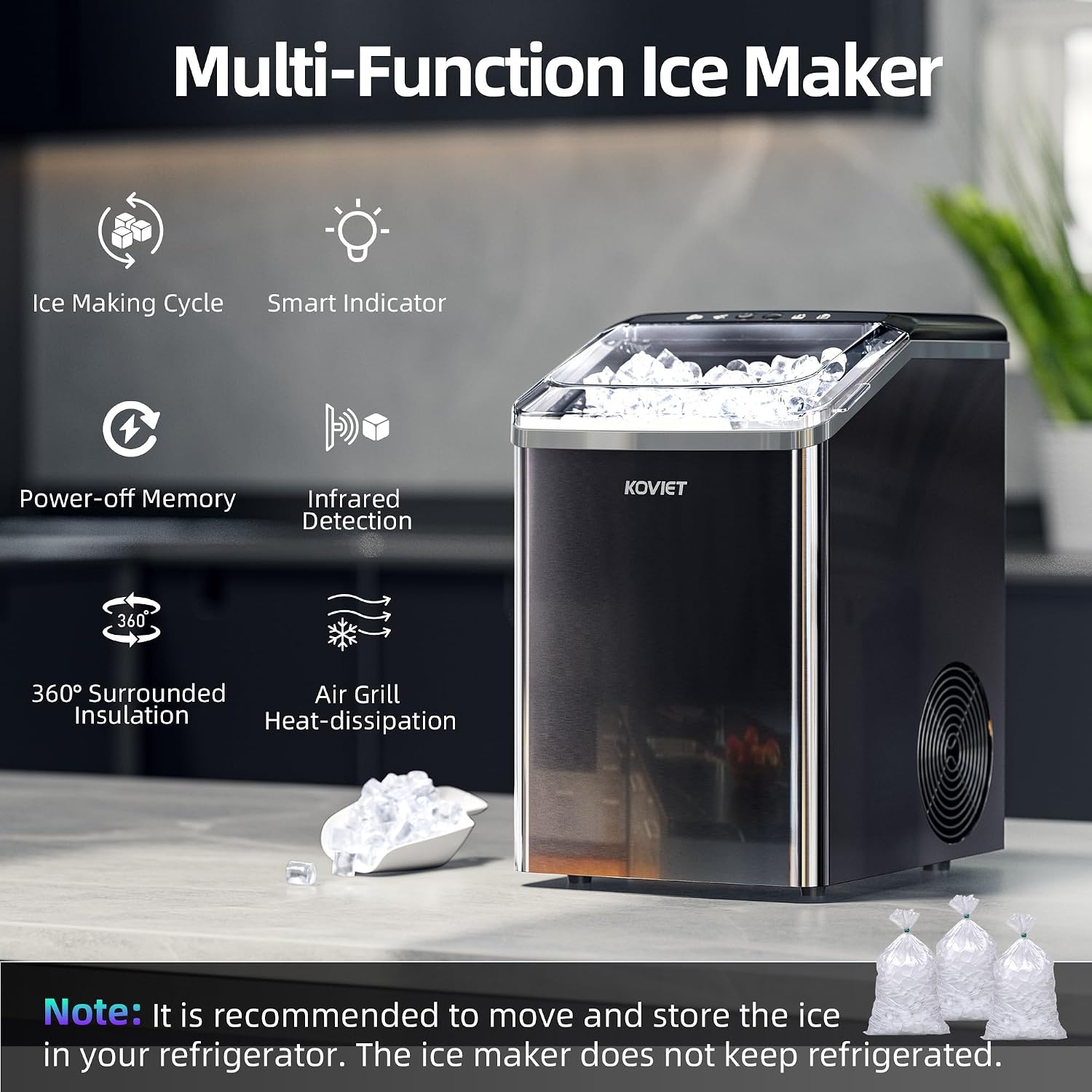 KOVIET Nugget Ice Makers Countertop, Soft Pebble Ice Machine, Chewable Crushed Pellet Ice 42lbs/Day, Self-Cleaning Drainpipe Ice Maker for Party, Home, Kitchen, Bar, Office, Black