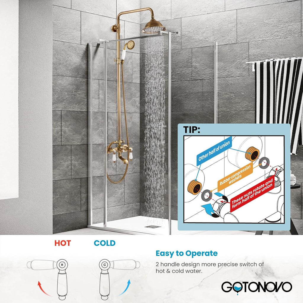 gotonovo Antique Brass Shower Faucet 8-inch Luxury Shower Head Fixture with Handheld Spray Double Lever Handle Bathtub Spout Triple Function Bathroom Wall Mount