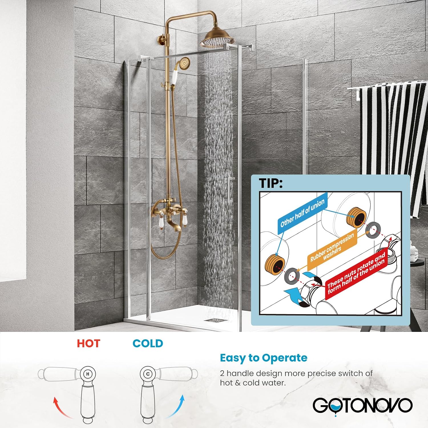 gotonovo Antique Brass Shower Faucet 8-inch Luxury Shower Head Fixture with Handheld Spray Double Lever Handle Bathtub Spout Triple Function Bathroom Wall Mount