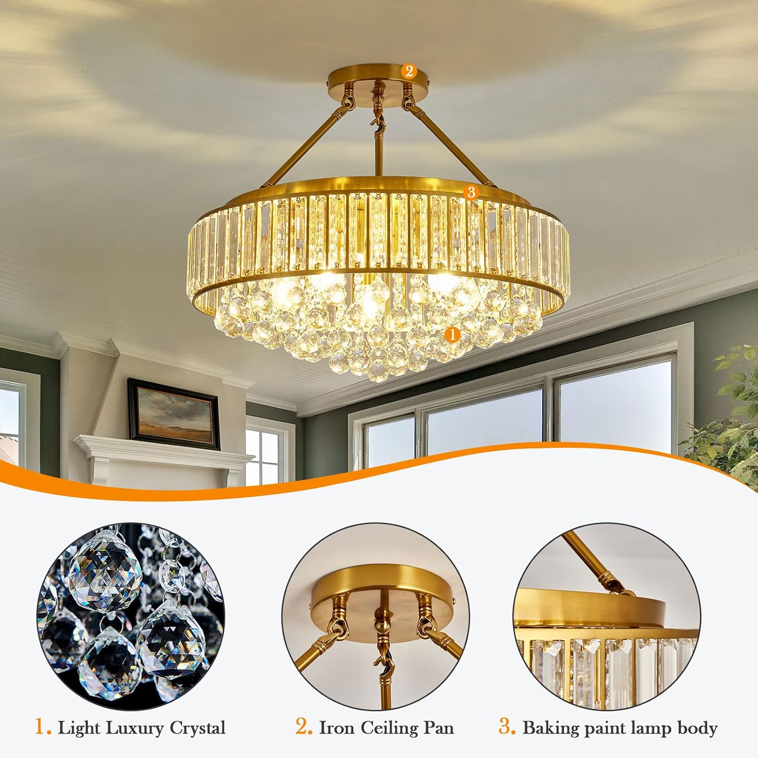 YYJLX 6-Light Modern Large Crystal Chandelier Gold Metal E26 Semi Flush Mount Round Ceiling Light Fixture Ceiling Lamp Farmhouse for Dining Room Living Room Laundry Room Foyer Kitchen Bedroom