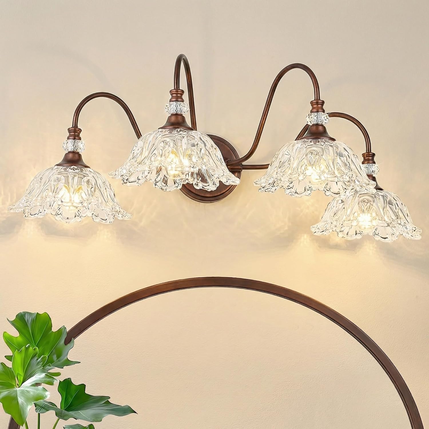 Antique Red Bronze Finish Bathroom Vanity Light, 4-Light Vintage Vanity Light with Floral Clear Glass Shades, Retro Wall Mount Lighting for Bathroom, Dressing Table