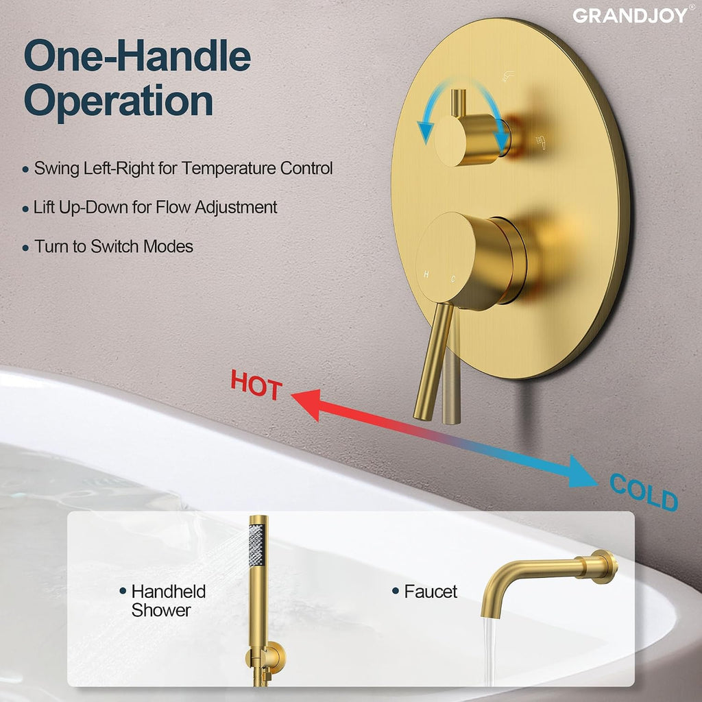 Brushed Gold Wall Mount Bathtub Faucet with Handheld Shower, High Flow Tub Filler, Solid Brass Rough-in Valve Included, Single Handle Bathroom Fixture