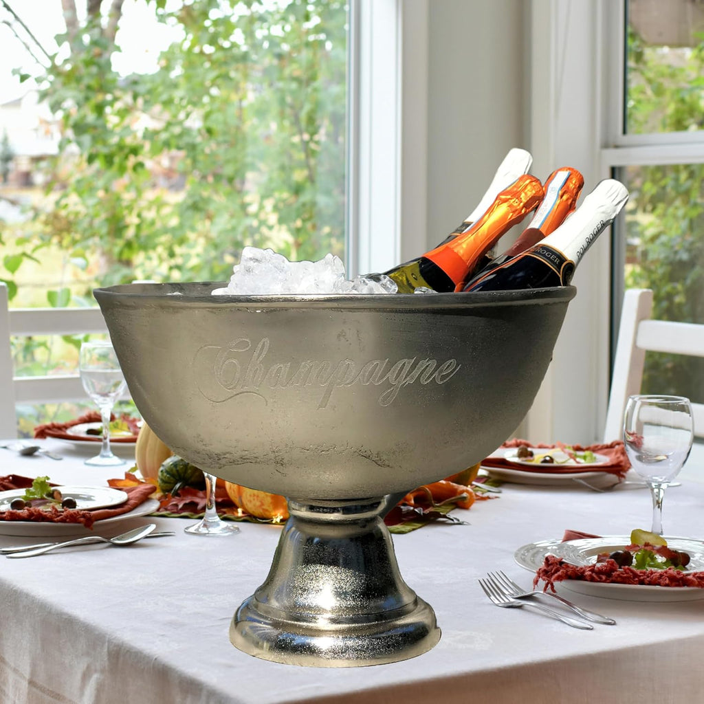 Luxury Champagne Bucket With Old World Panache, Elegant Script Text Details, Hand Cast of Silver Aluminum, Pedestal Base, Party Sized, 18.5 Inches Diameter, 13.5 Inches Tall