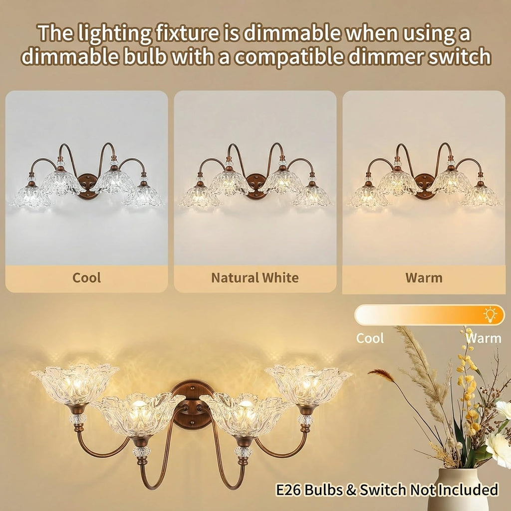 Antique Red Bronze Finish Bathroom Vanity Light, 4-Light Vintage Vanity Light with Floral Clear Glass Shades, Retro Wall Mount Lighting for Bathroom, Dressing Table