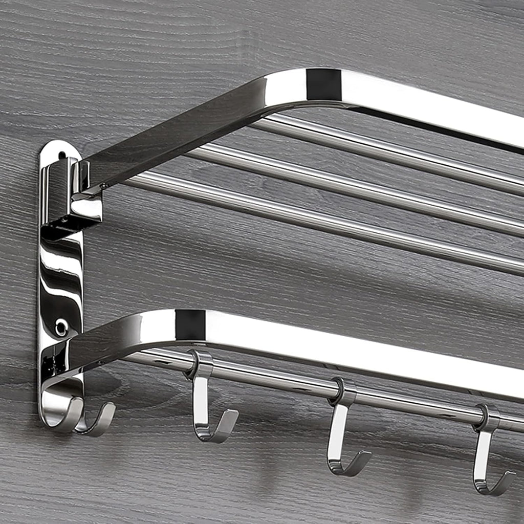 TOMYEUS Shower Caddy Bathroom Shelf Bathroom Towel Shelf with Foldable Towel Bar Holder and Towel Hooks Wall Mounted Multifunctional Double Towel Bars Brushed Nickel Shower Organizer