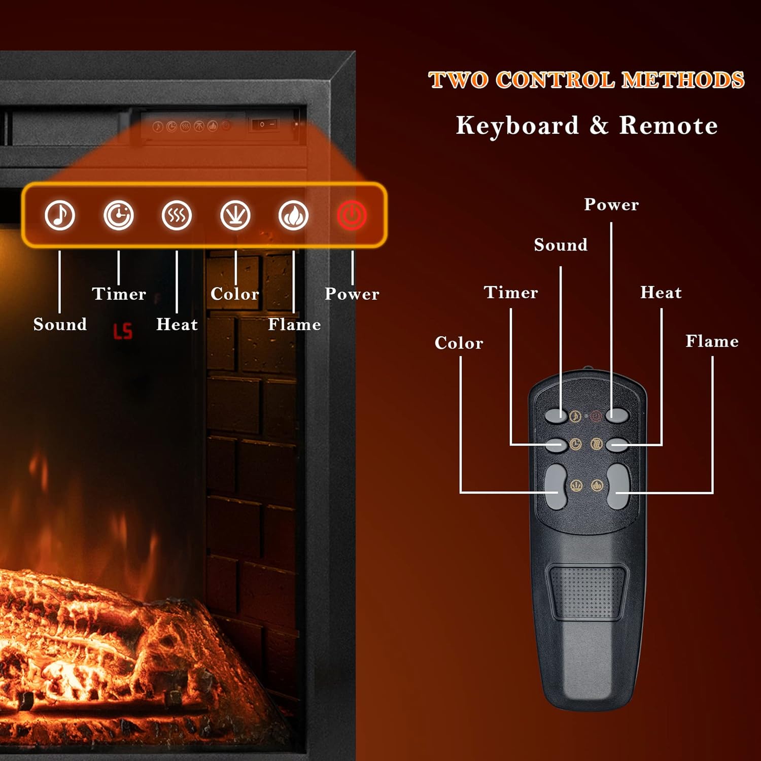 30 inch Electric Fireplace, Wall Fireplace Electric with Remote Control, Realistic Log and Crackling Sound, Overheating Protection and Timer, 750/1500W Black