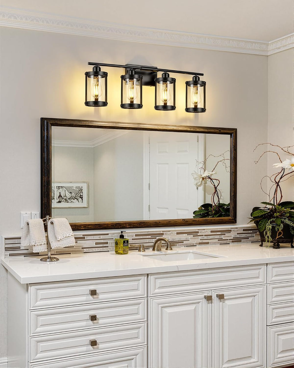 4-Light Black Bathroom Light Fixtures, 29 Inch Modern Bathroom Vanity Lighting Fixtures Over Mirror with Clear Glass and Metal Cage Wall Sconce Lights for Bath, E26, OS-3014BK-4W