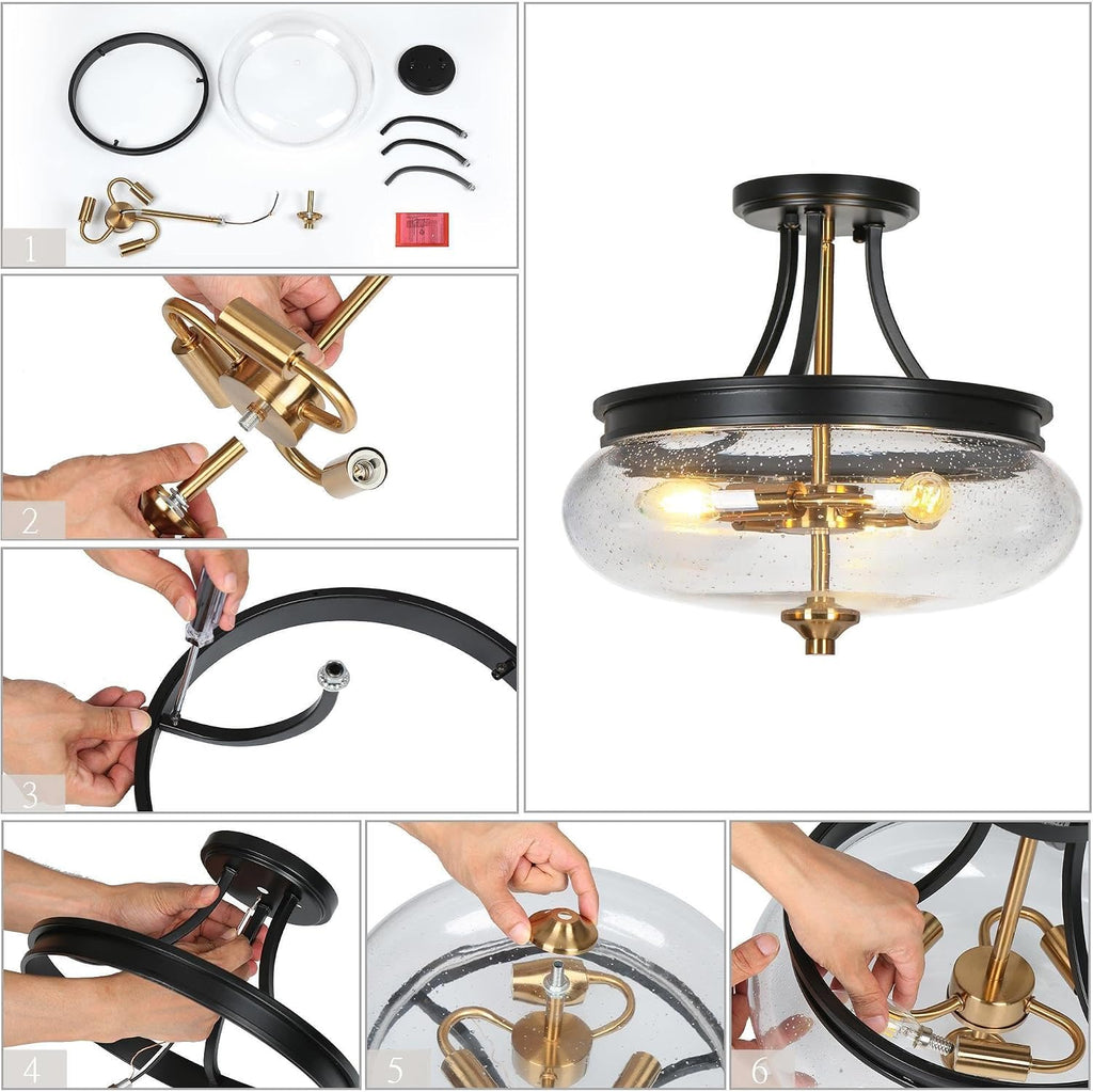 classy leaves Semi Flush Mount Ceiling Light, Black Gold Close to Ceiling Light Fixture 3 Light Modern Farmhouse Ceiling Light with Seeded Glass for Kitchen Bedroom Hallway Entryway