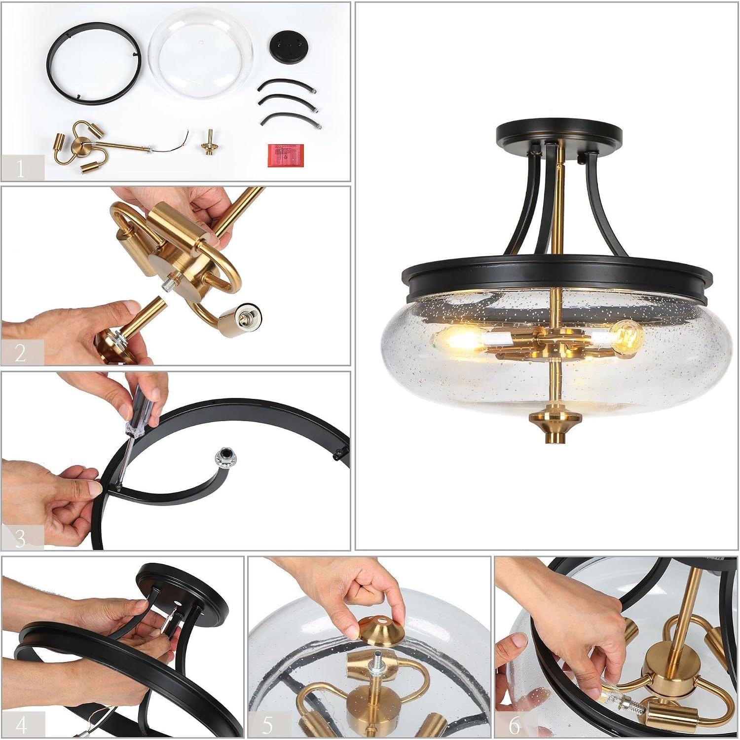 classy leaves Semi Flush Mount Ceiling Light, Black Gold Close to Ceiling Light Fixture 3 Light Modern Farmhouse Ceiling Light with Seeded Glass for Kitchen Bedroom Hallway Entryway