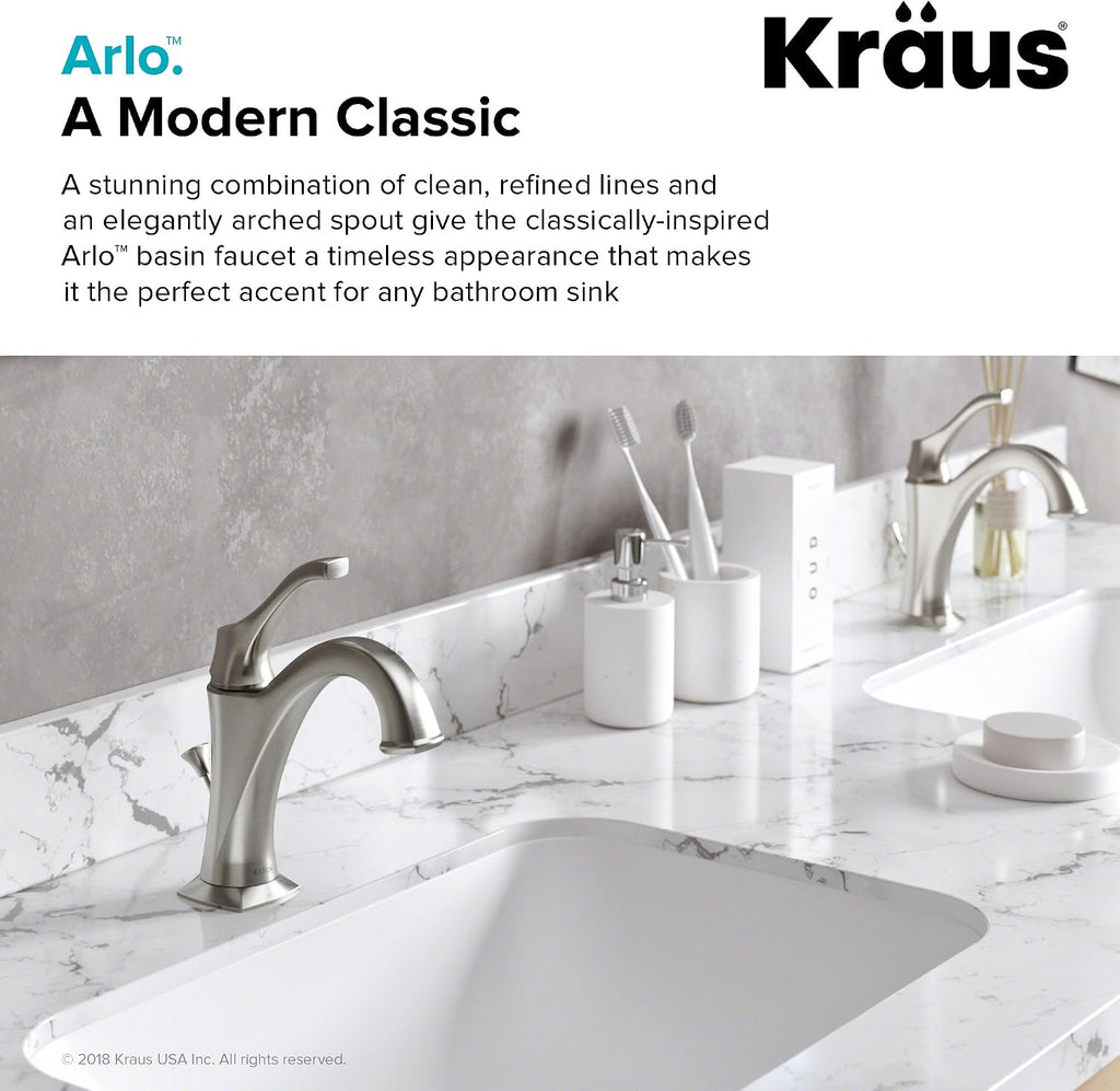 KRAUS KBF-1201SFS Arlo Single Handle Basin Bathroom Faucet with Lift Rod Drain and Deck Plate, Spot-Free All-Brite Stainless Steel (2-Pack)
