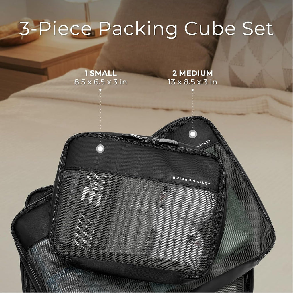 Briggs & Riley Carry On Compression Packing Cube Set - Bag Organizer for Suitcase & Luggage, Travel Essentials for Women & Men, Pack Accessories for Vacation, Maximize Storage Space - 3-Piece, Black