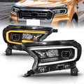 AmeriLite for 2019-2022 Ford Ranger XL/XLT Pickup Switchback LED Sequential Signal Tube Black Square Projector Headlight Set - Passenger and Driver Side