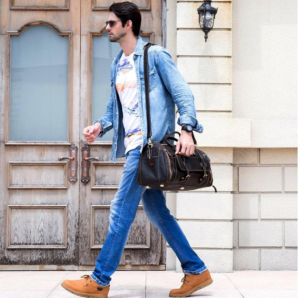 LUUFAN Full-grain Genuine Leather Travel Bag Large Capacity Duffel Luggage Bag with Shoe Compartment, Men Women Shoulder Handbag for Weekend Holiday Business Trip