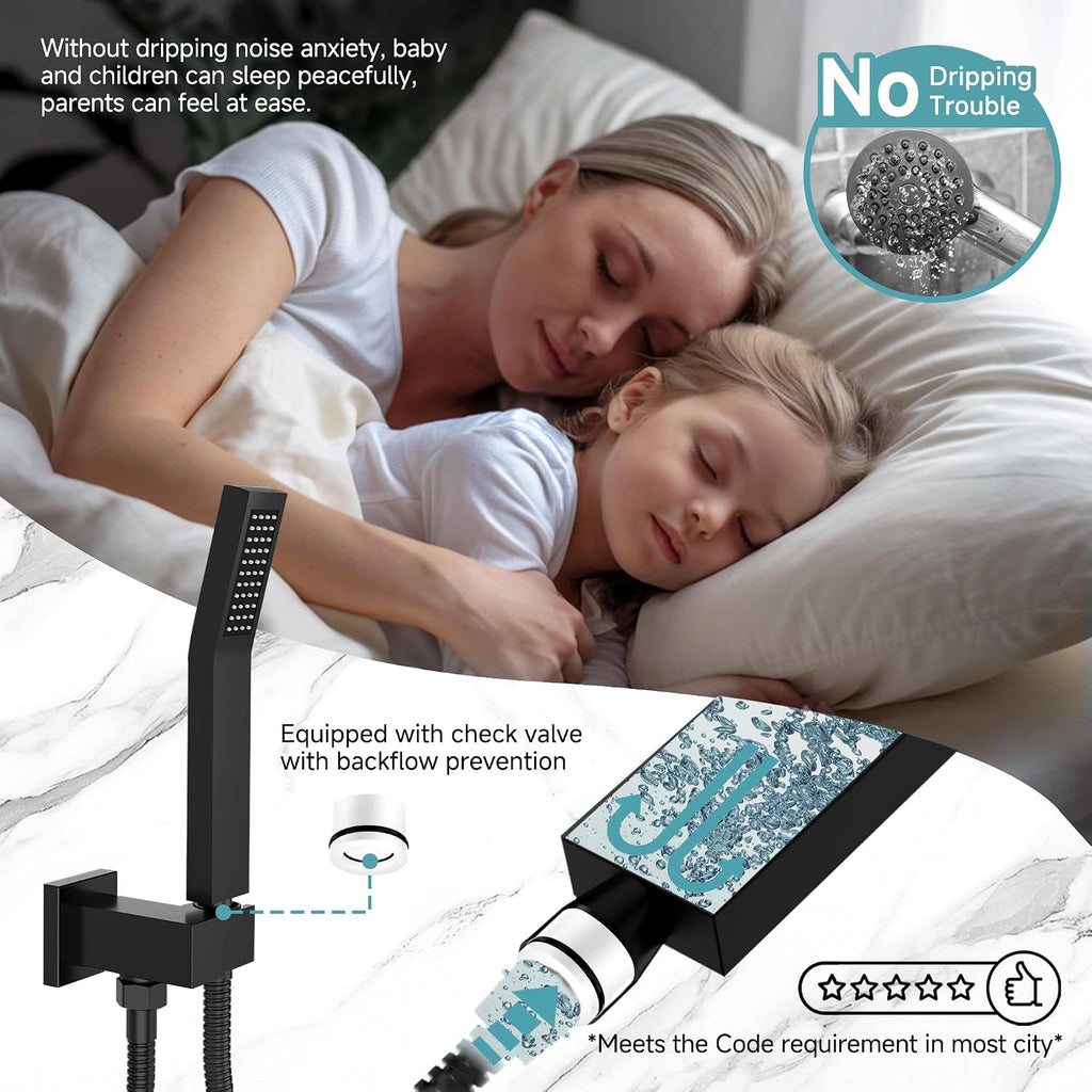 SR SUN RISE Shower Faucet Set & System - 12 Inch Rainfall Shower Head & Handle Set Wall Mounted Matte Black Solid Brass Valve Trim Kit Included