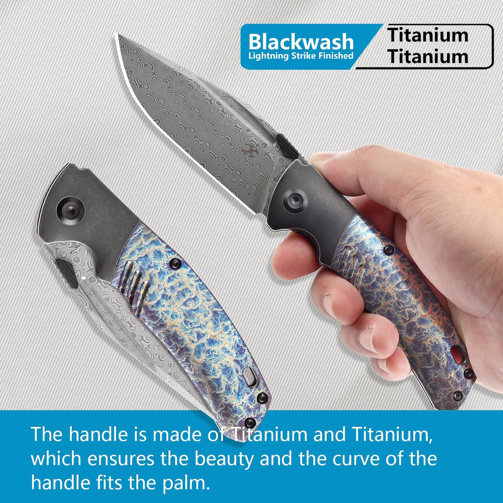 KANSEPT Hinterlan Pocket Folding Knives for Men EDC Camping Folding Knife 3.58'' Damascus Blade with Blackwash Titanium Lightning Strike Finished Titanium Inlay Handle Everyday Carry K1057A6