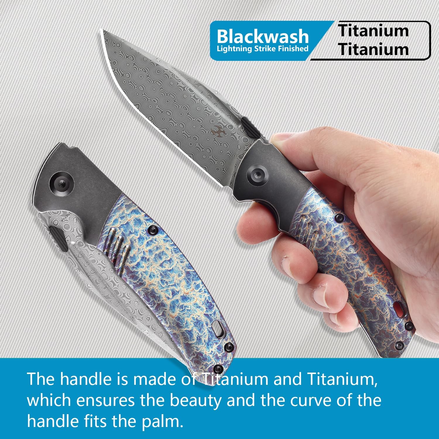 KANSEPT Hinterlan Pocket Folding Knives for Men EDC Camping Folding Knife 3.58'' Damascus Blade with Blackwash Titanium Lightning Strike Finished Titanium Inlay Handle Everyday Carry K1057A6