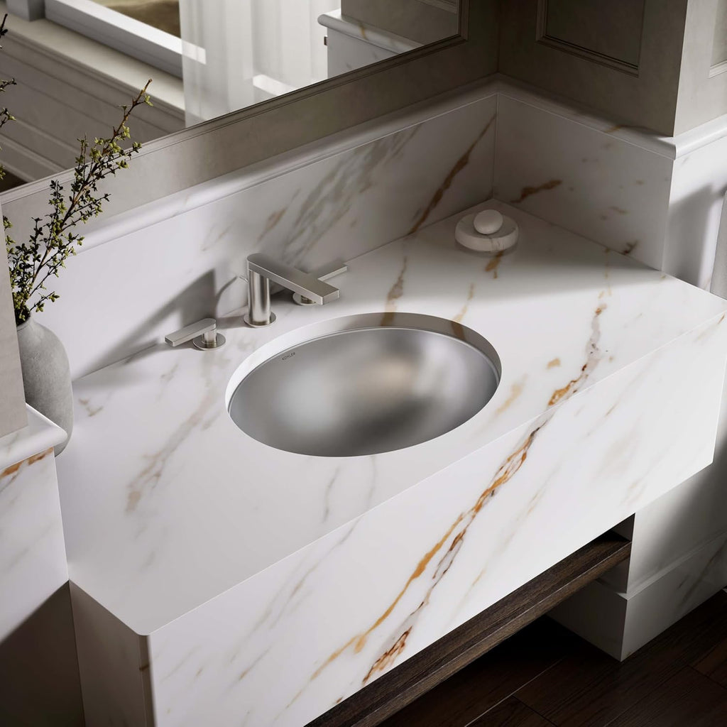 KOHLER K-2608-SU-NA Bachata Drop-In/Undermount Bathroom Sink with Luster Finish, Without Overflow, Stainless Steel